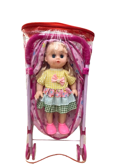 Mô hình búp bê váy caro và xe đẩy