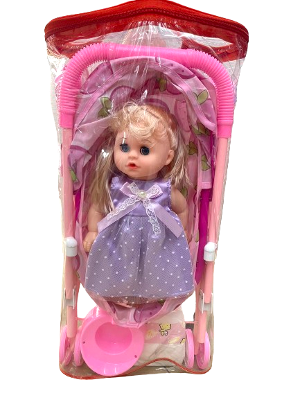 Mô hình búp bê váy tím và xe đẩy