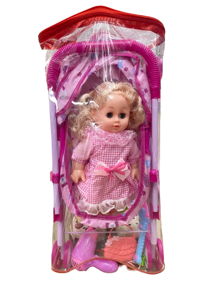 Mô hình búp bê váy caro hồng, xe đẩy và phụ kiện