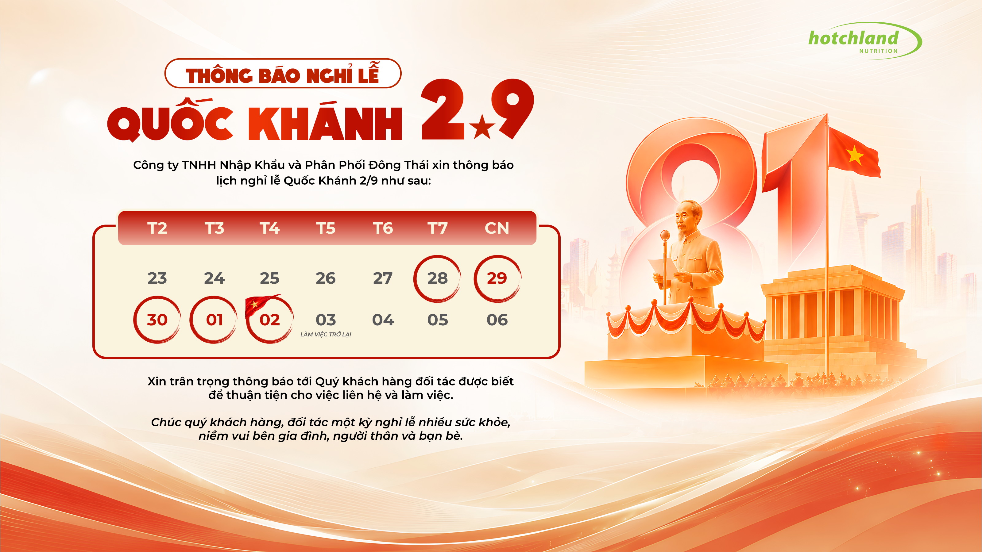 THÔNG BÁO NGHỈ LỄ QUỐC KHÁNH 2/9