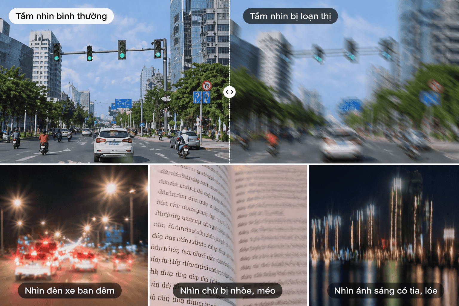 Góc nhìn từ mắt người bị loạn thị với hình ảnh mờ và méo hơn bình thường