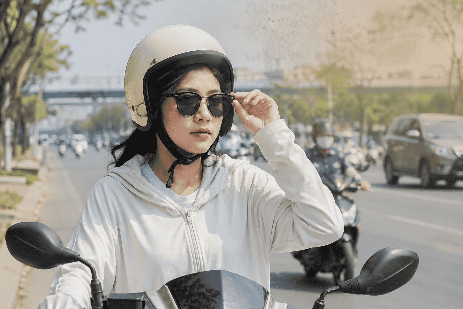 Đeo kính khi ra đường giúp hạn chế bụi và tác nhân kích ứng mắt