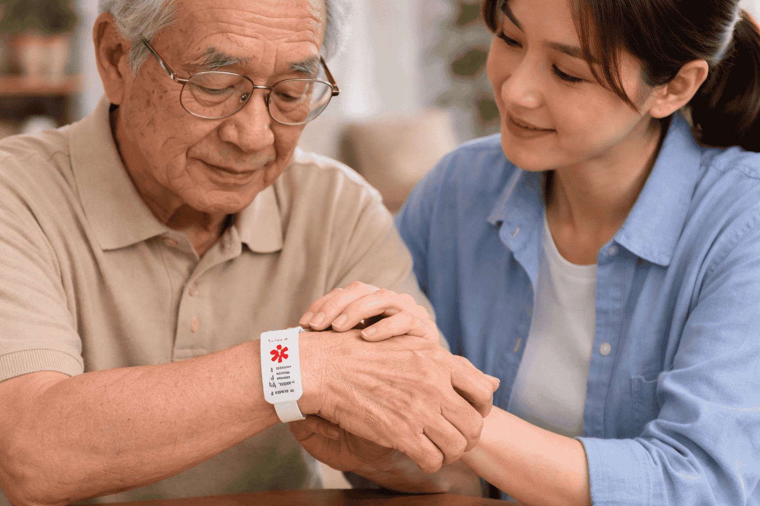 Cho người bệnh đeo vòng tay nhận dạng có đính kèm tình trạng bệnh lý, thông tin liên hệ với người chăm sóc. 