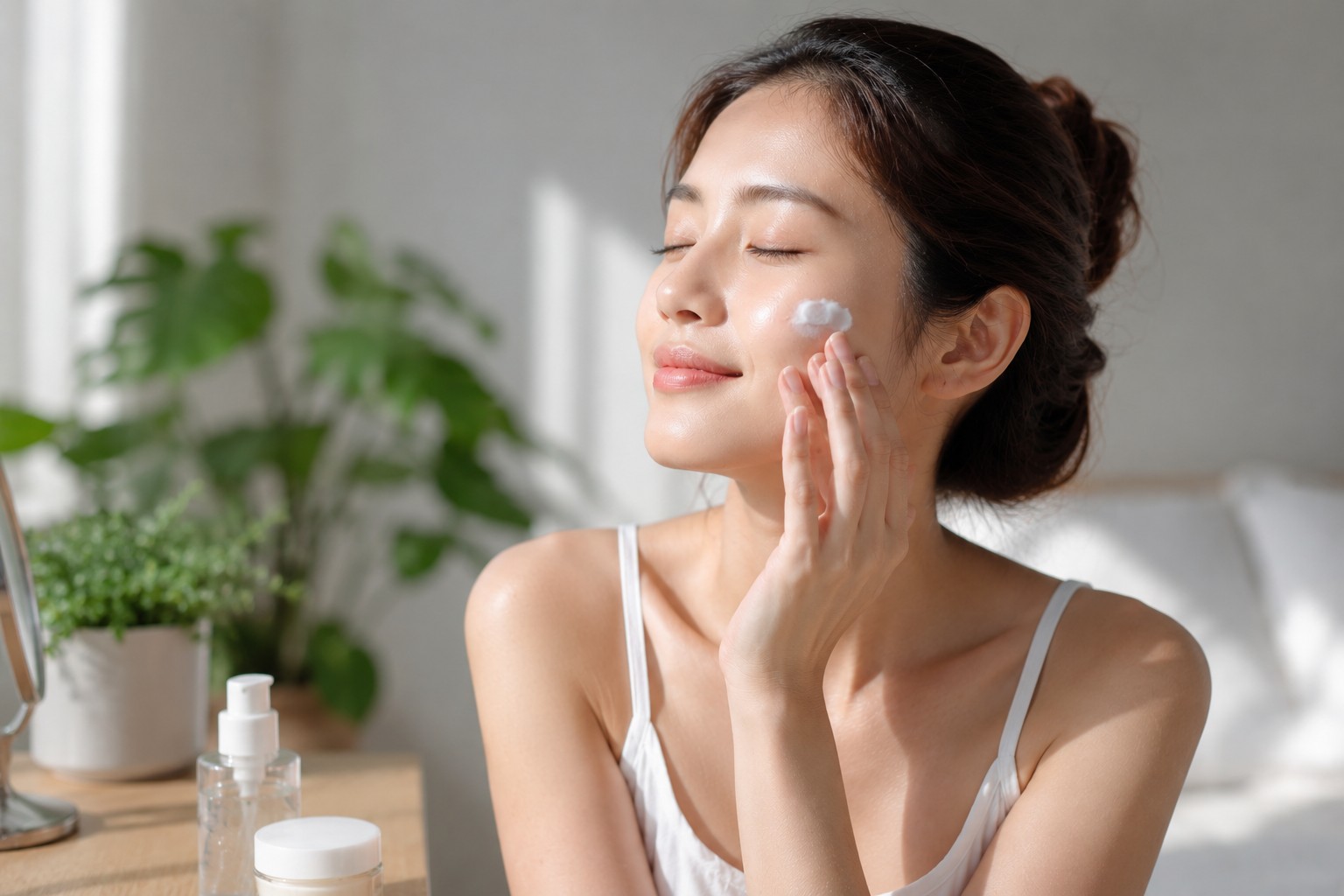 Dưỡng ẩm đều đặn giúp da mềm hơn và bề mặt da trông rạng rỡ hơn.