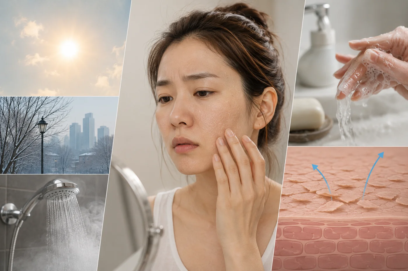 Da khô thường liên quan đến thời tiết, nước nóng, xà phòng mạnh và hàng rào bảo vệ da suy yếu.