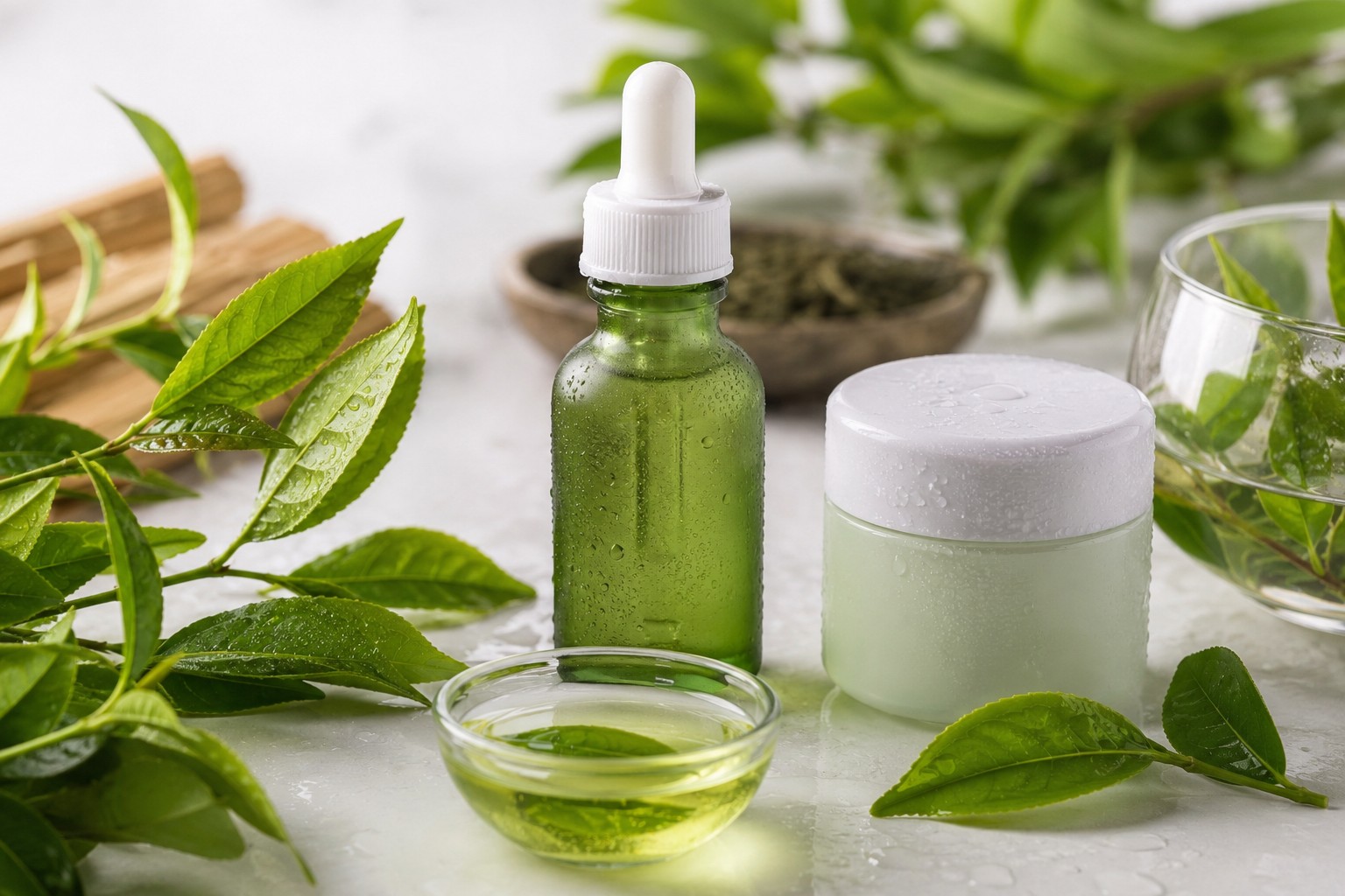 Chiết xuất trà xanh được dùng trong một số sản phẩm chăm sóc da nhờ khả năng chống oxy hóa và làm dịu.