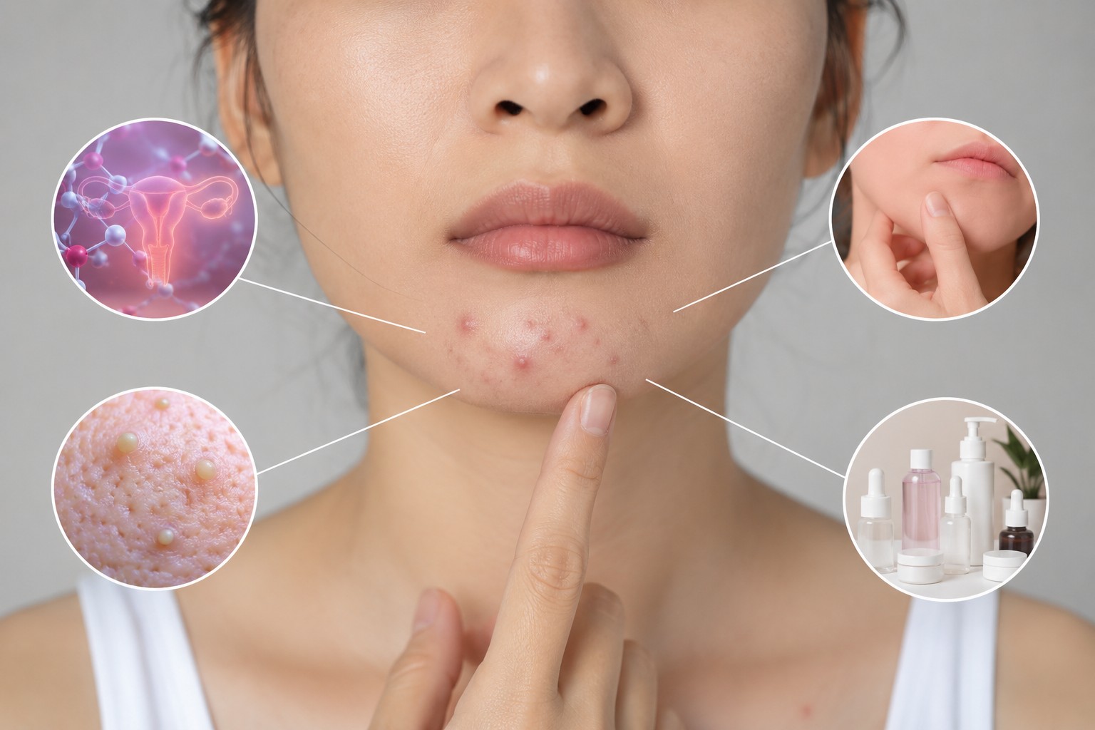 Mụn ở cằm có thể liên quan nội tiết, bít tắc lỗ chân lông, ma sát và thói quen chăm sóc da.