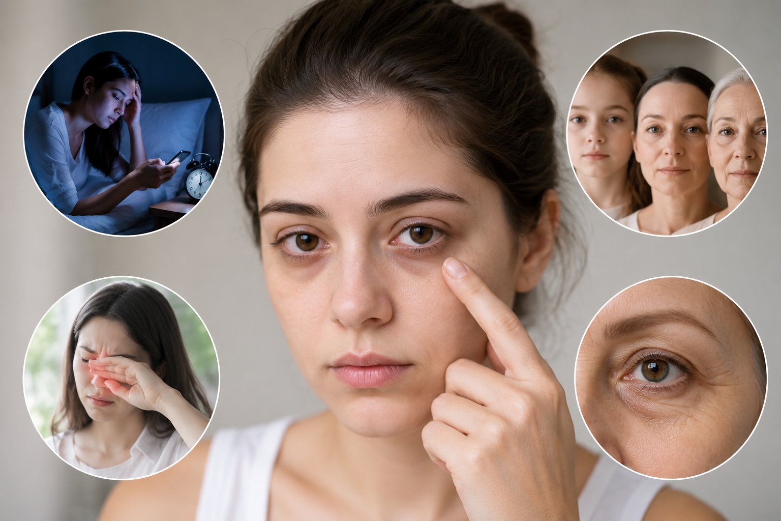 Quầng thâm mắt có thể liên quan đến thiếu ngủ, dị ứng, di truyền và lão hóa vùng mắt