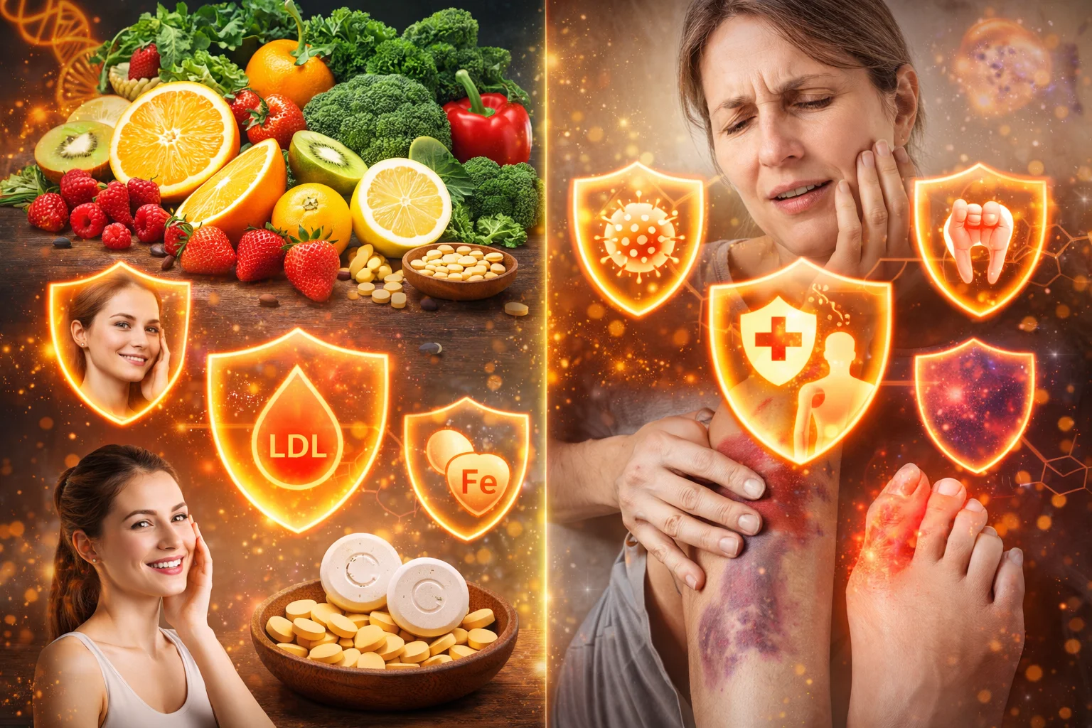 Việc thiếu hụt loại vitamin quan trọng này có thể gây ra các triệu chứng như suy giảm miễn dịch, viêm nướu và các vết bầm