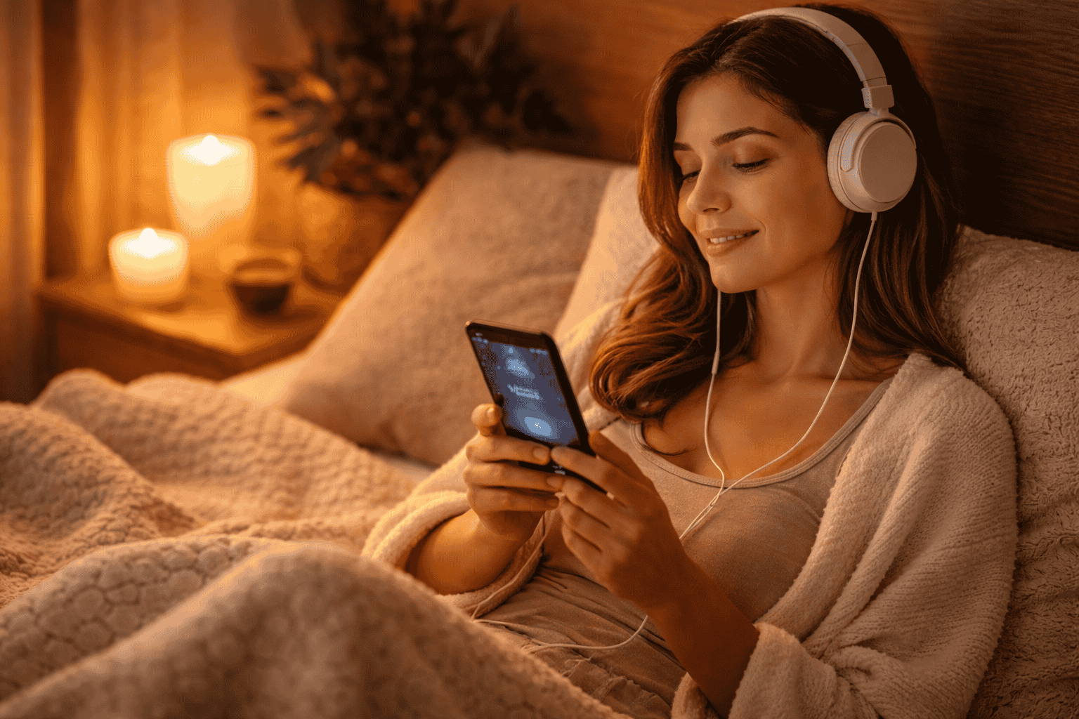 Thư giãn trên giường nghe nhạc nhẹ bằng tai nghe trước khi ngủ giúp cải thiện giấc ngủ 