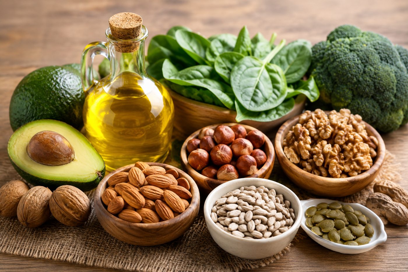 Thực phẩm giàu vitamin E như hạt, dầu thực vật và rau xanh