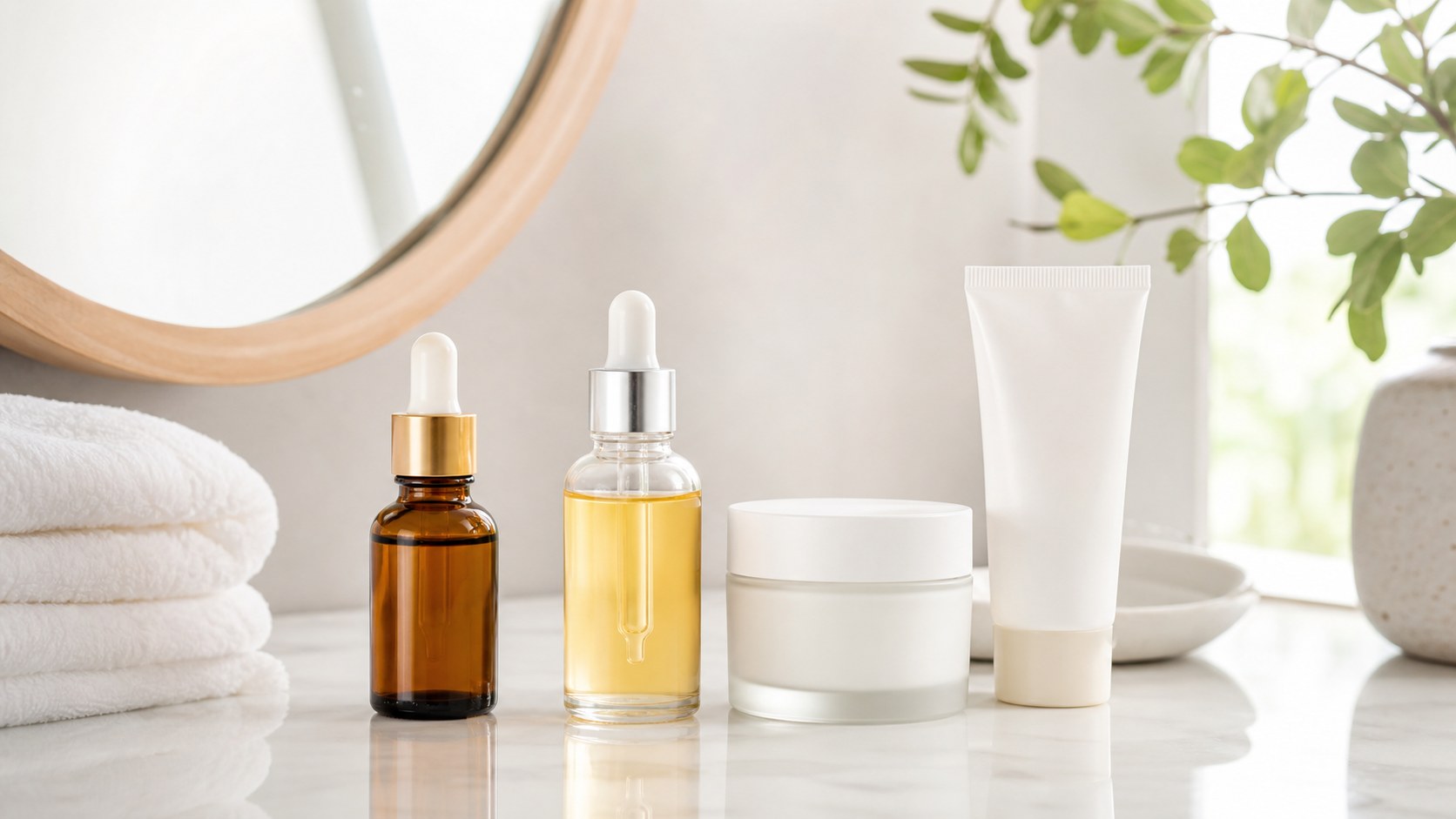 Retinol, vitamin C, dưỡng ẩm và chống nắng là các bước thường gặp trong chăm sóc da lão hóa tại nhà.