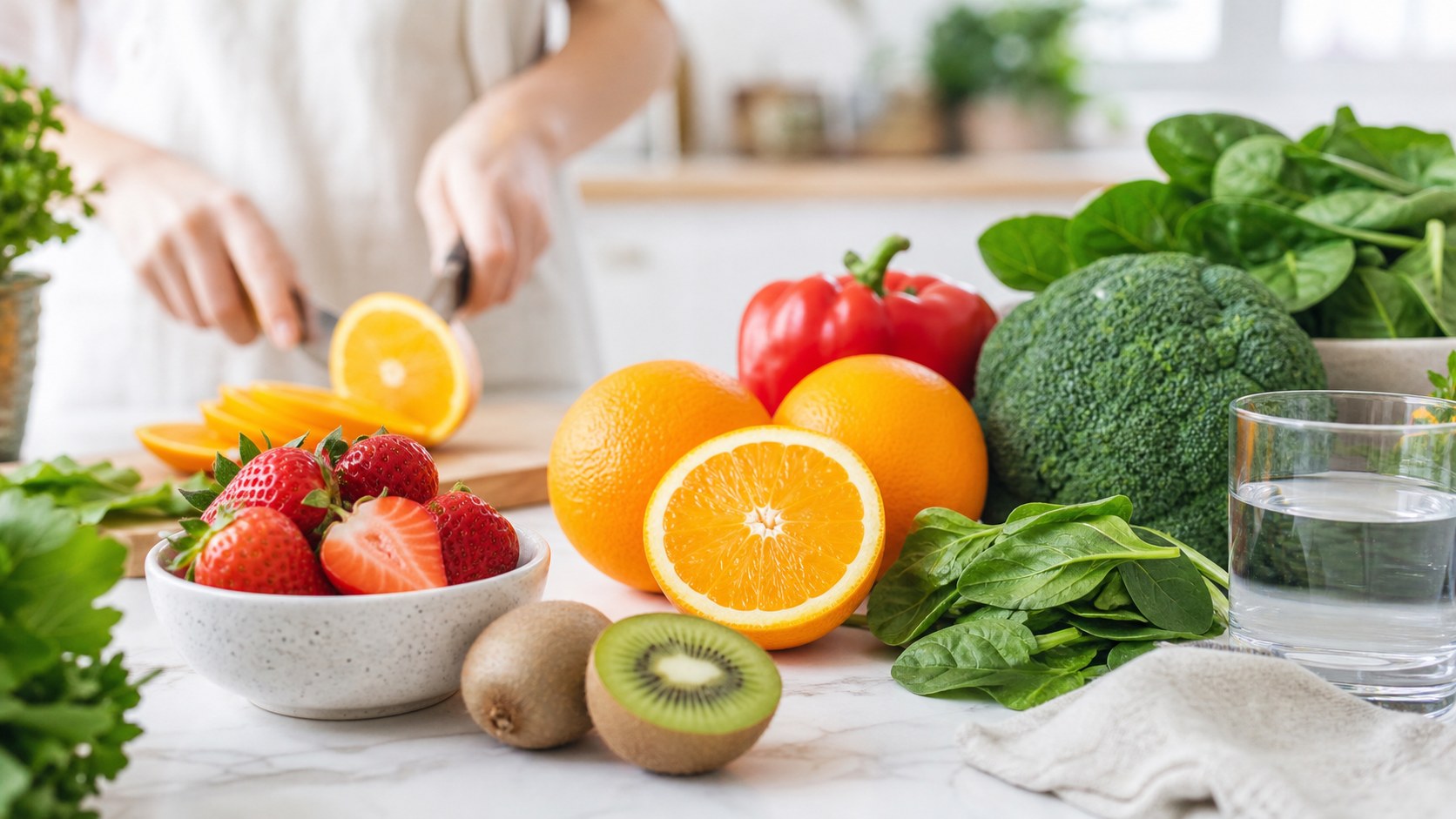 Vitamin C từ trái cây và rau xanh hỗ trợ quá trình tổng hợp collagen tự nhiên.