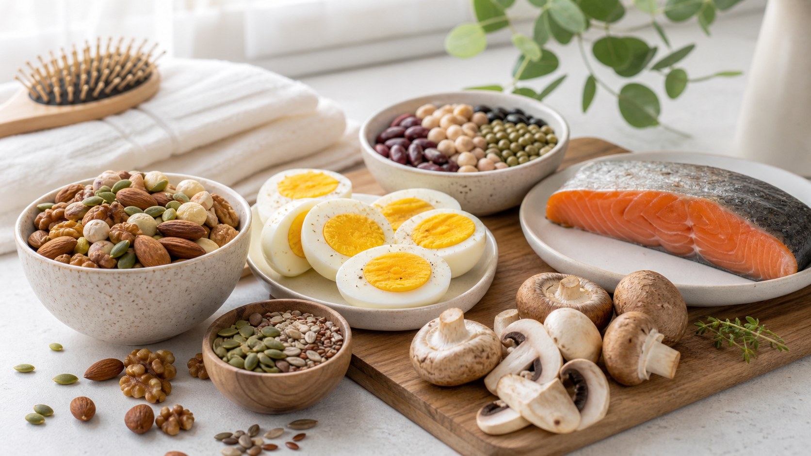 Biotin có trong nhiều thực phẩm như trứng chín, hạt, cá, đậu và nấm.