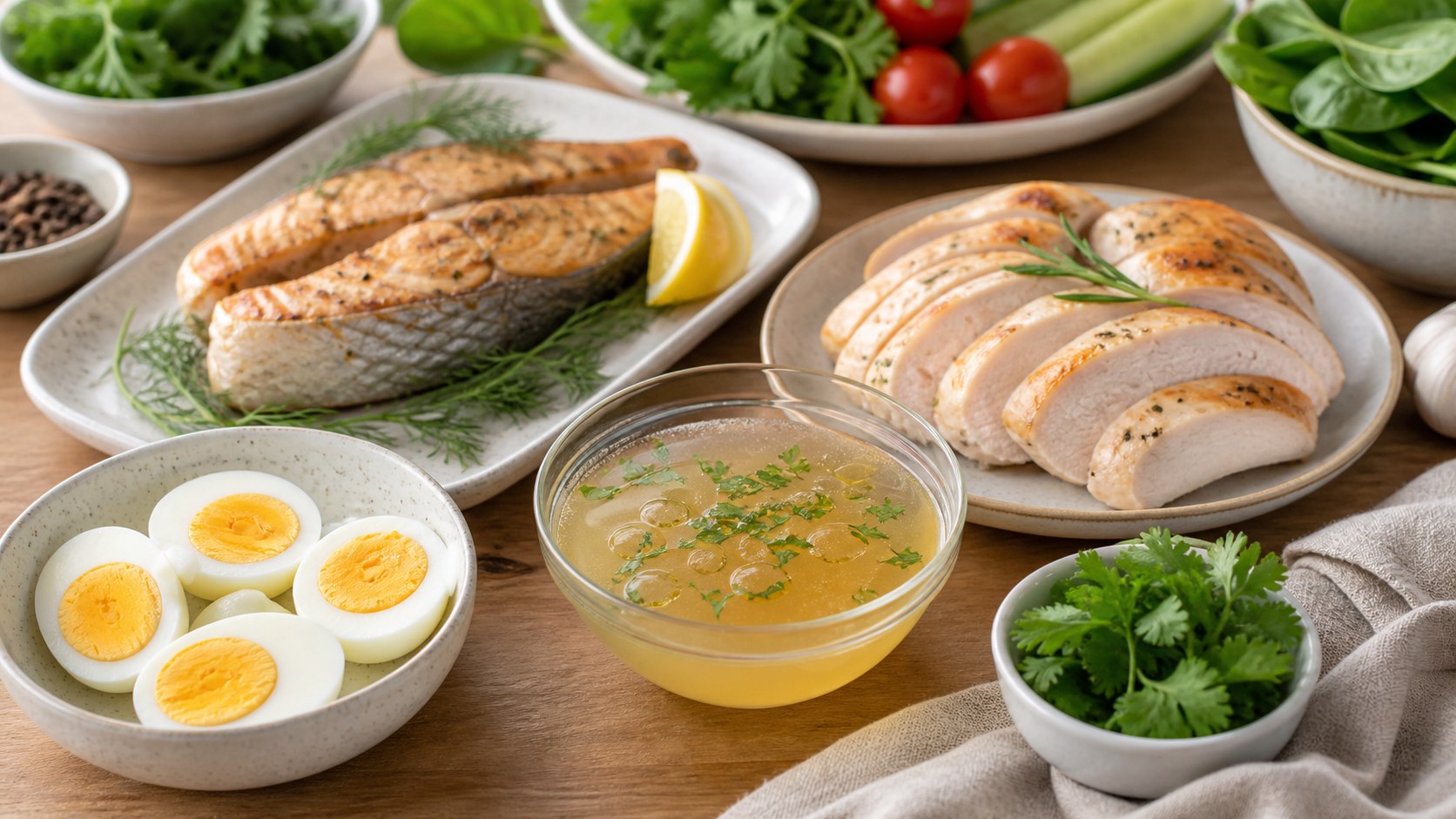 Trứng, cá, thịt gà và nước hầm xương là các nguồn protein quen thuộc trong chế độ ăn hỗ trợ collagen.