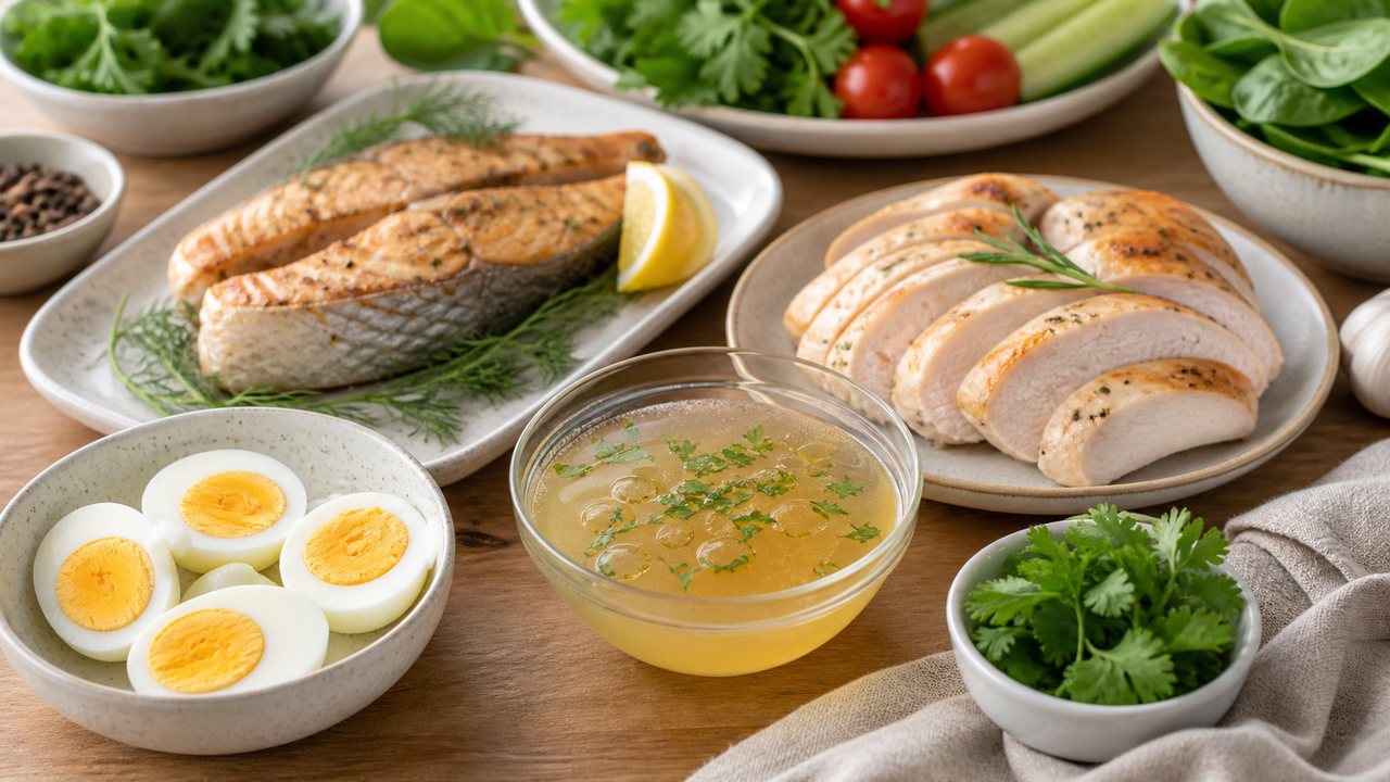 Trứng, cá, thịt gà và nước hầm xương là các nguồn protein quen thuộc trong chế độ ăn hỗ trợ collagen.