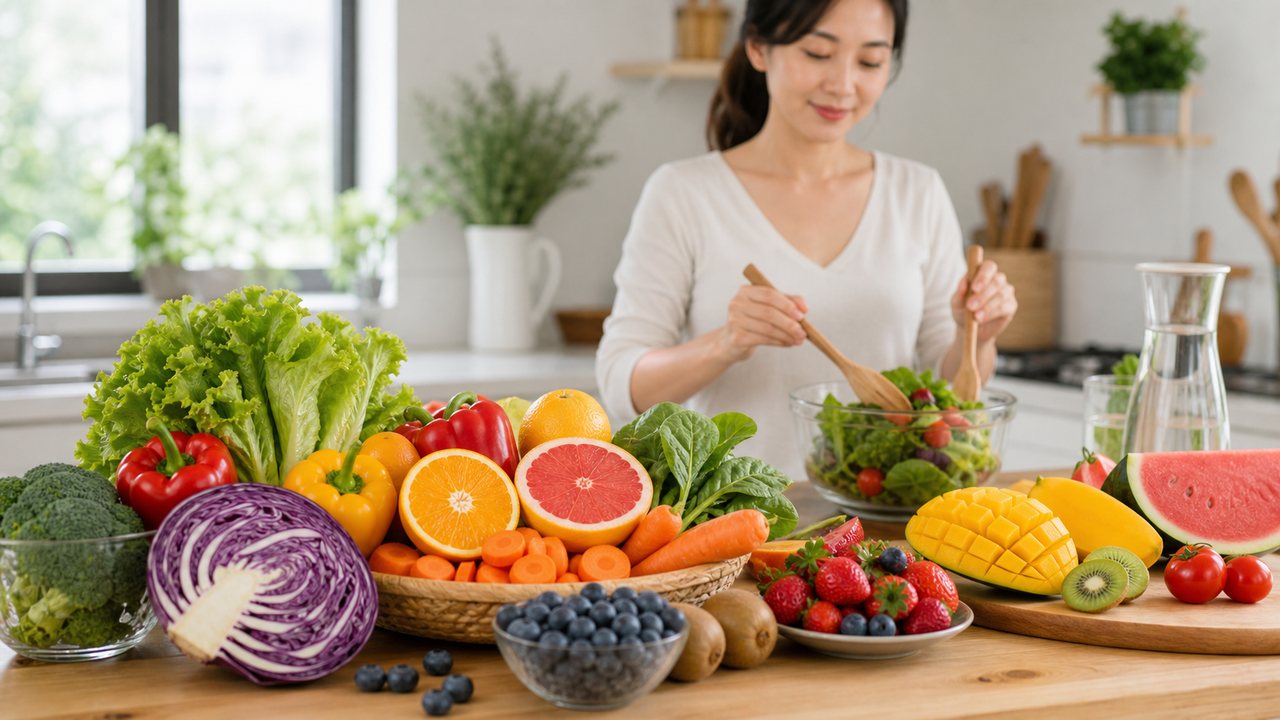 Rau quả nhiều màu cung cấp carotenoid, vitamin C và chất chống oxy hóa hỗ trợ làn da tươi tắn.