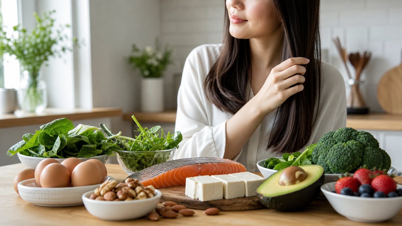 Ăn đủ protein và vi chất giúp hỗ trợ sức khỏe nang tóc, da đầu và sợi tóc.