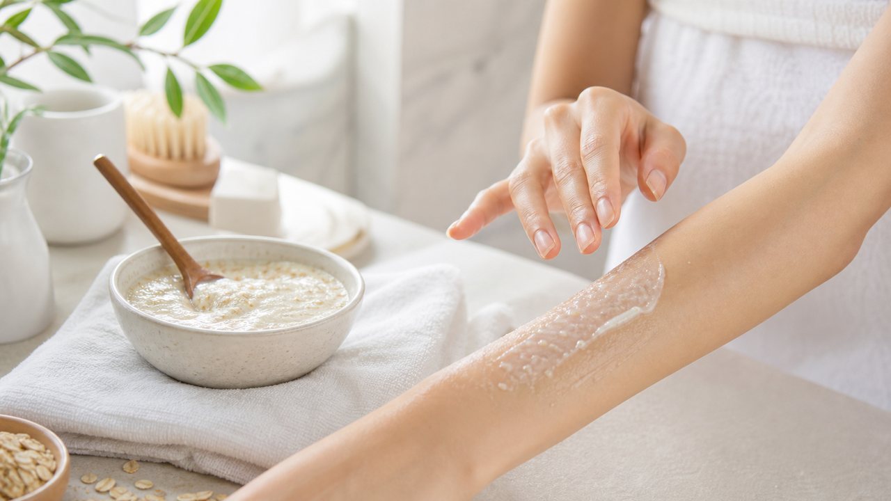 Bột yến mạch hoặc sản phẩm hạt mịn thường dịu hơn scrub hạt thô khi tẩy tế bào chết body.