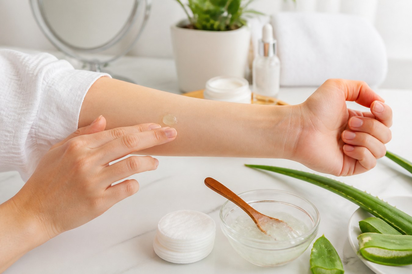 Các nguyên liệu làm dịu da như nha đam vẫn có thể gây kích ứng ở một số người, nên thử trên vùng nhỏ trước khi dùng rộng. (Ảnh minh họa được tạo bởi AI)