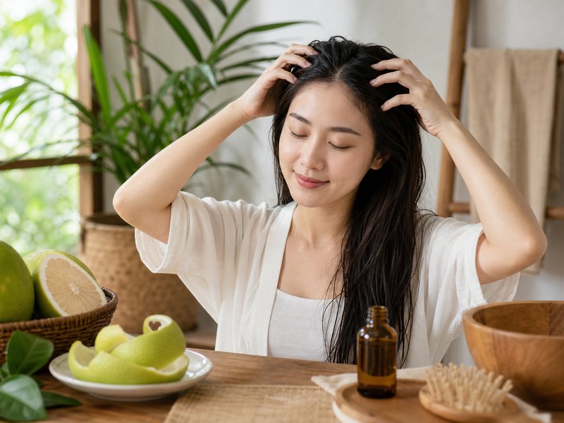 Tinh dầu bưởi thường được dùng trong chăm sóc tóc dân gian để massage da đầu