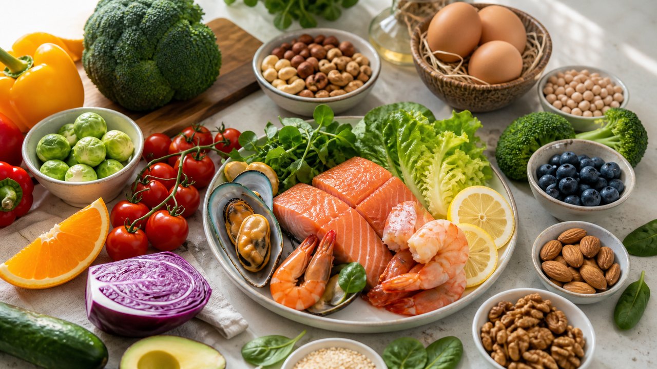 Chế độ ăn giàu protein và vi chất như hải sản, rau củ quả giúp duy trì nền tảng cho da, tóc và móng khỏe mạnh