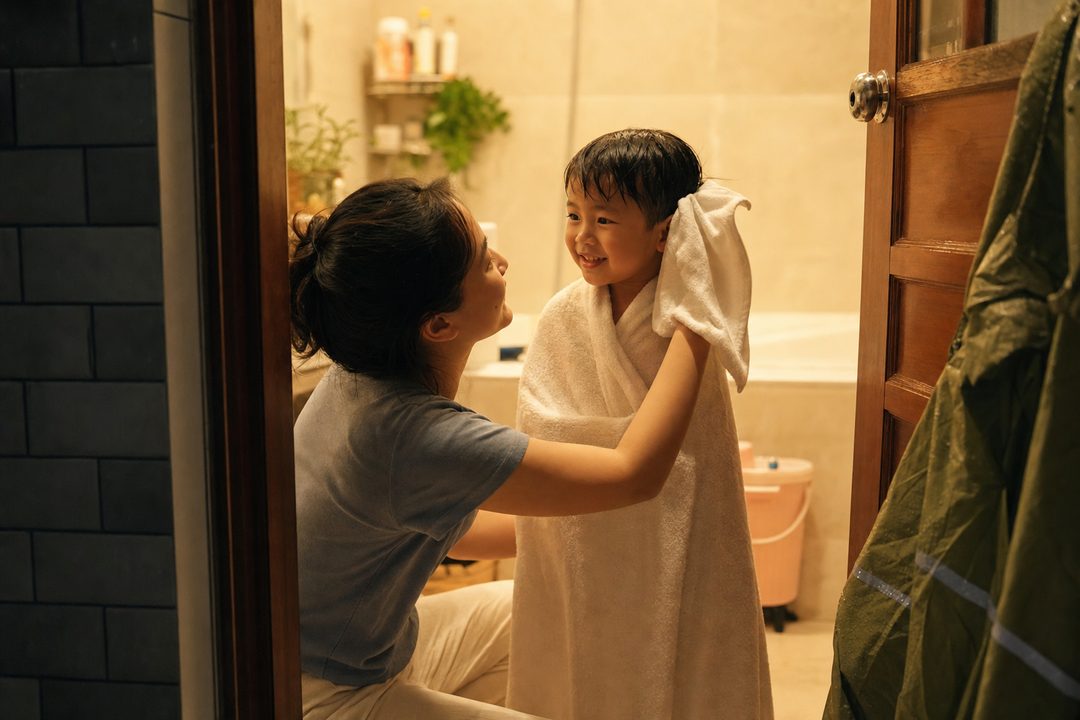 Lau khô và làm ấm cho trẻ ngay sau khi dính mưa