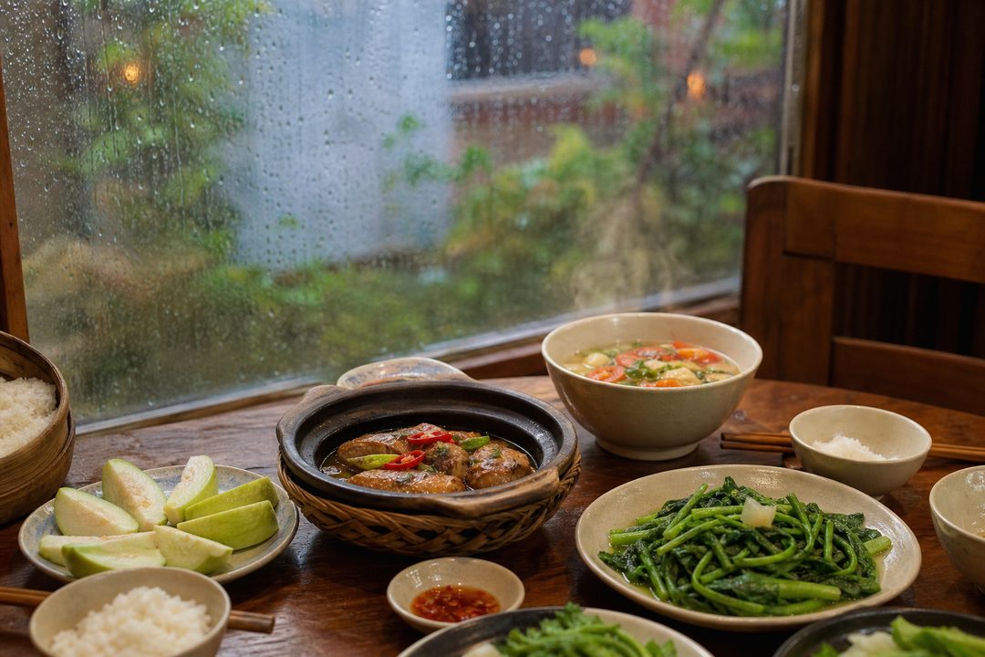 Mâm cơm đa dạng giúp cung cấp dưỡng chất cho cả nhà trong mùa mưa