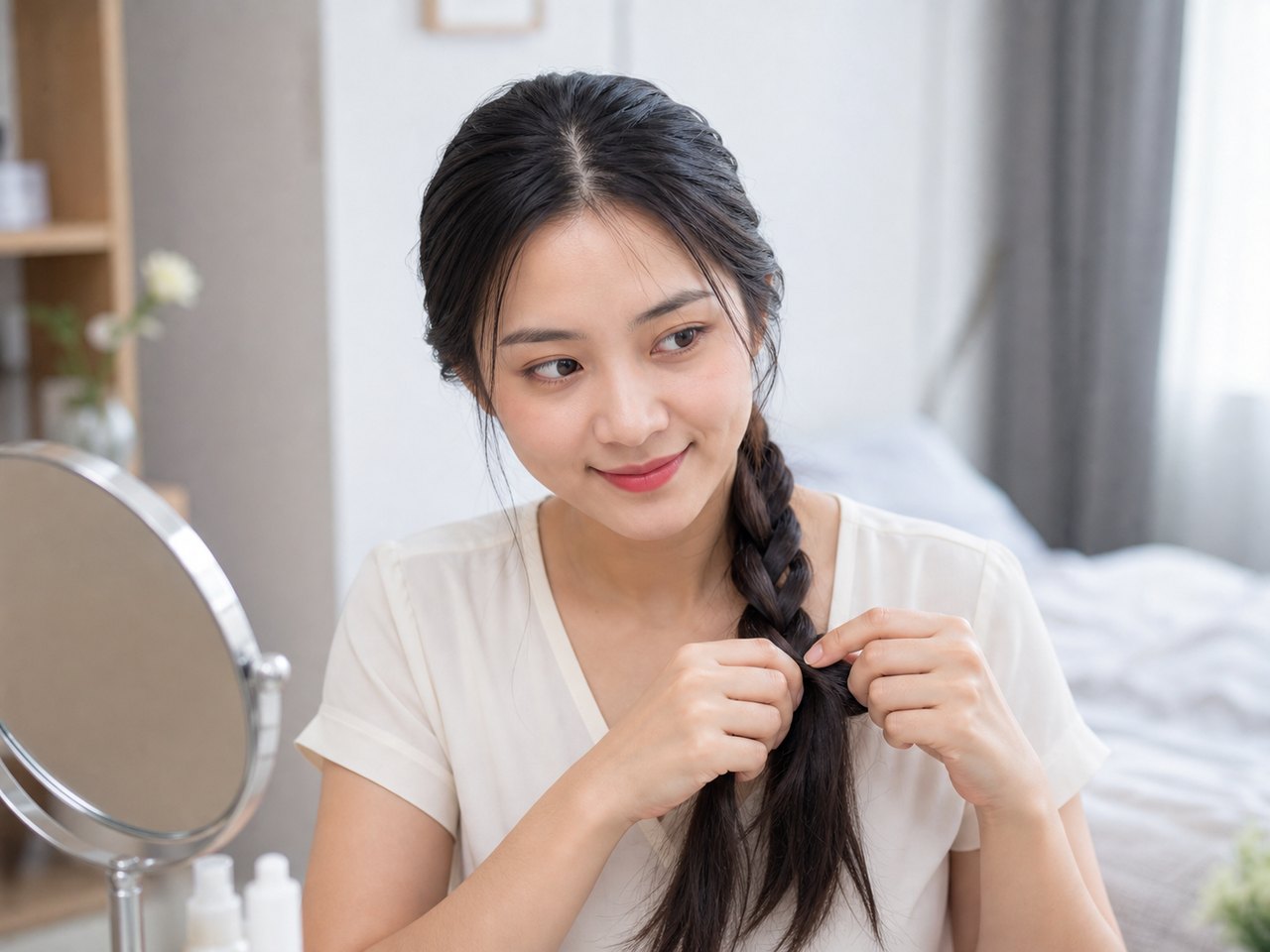 Tết tóc hoặc búi gọn có thể giúp che phần tóc bết tạm thời