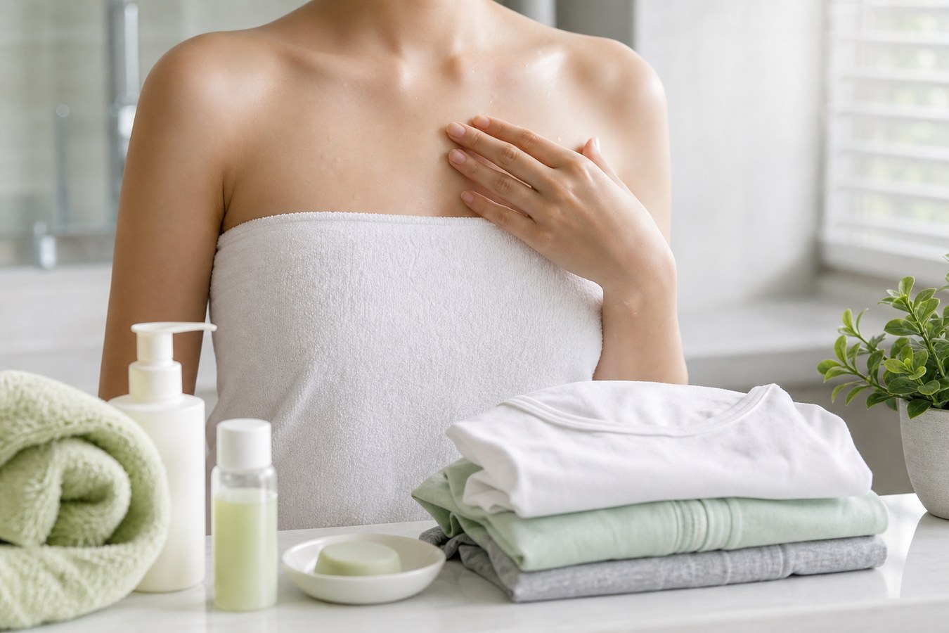 Tắm sạch sau khi vận động, mặc trang phục thoáng mát và chăm sóc da đúng cách giúp hỗ trợ cải thiện mụn ngực.