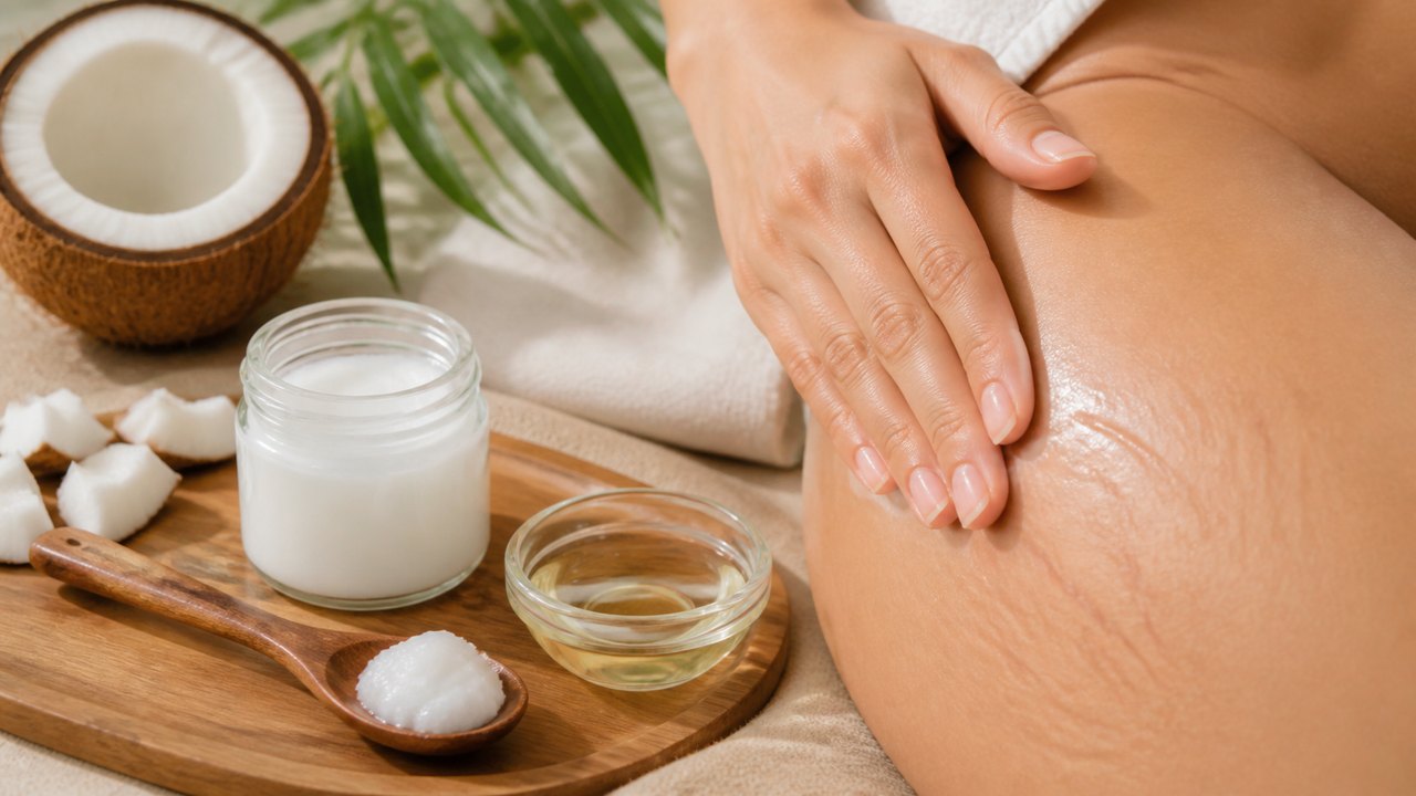 Dầu dừa giúp giữ ẩm da, hỗ trợ da mềm mại ở vùng bị rạn.