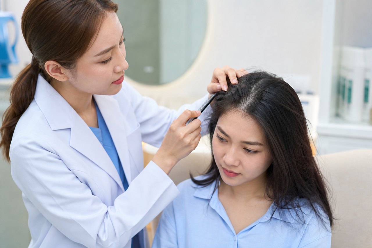Viêm da đầu và nhiễm nấm khiến tóc yếu, dễ rụng từng mảng.
