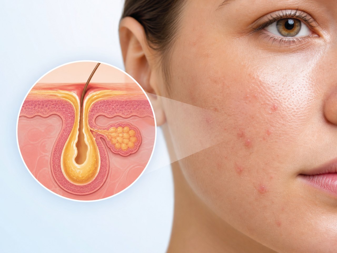 Mụn trứng cá hình thành chủ yếu do bã nhờn, bít tắc nang lông, vi khuẩn và viêm.