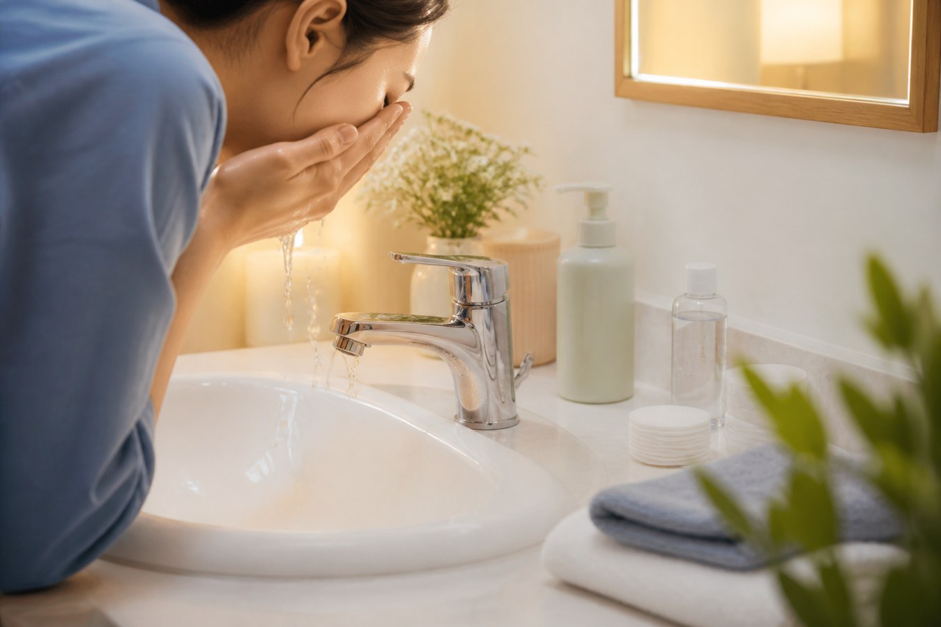Làm sạch dịu nhẹ mỗi tối giúp loại bỏ kem chống nắng, bụi bẩn, dầu thừa mà không làm da bị khô căng quá mức. (Ảnh minh họa được tạo bởi AI)
