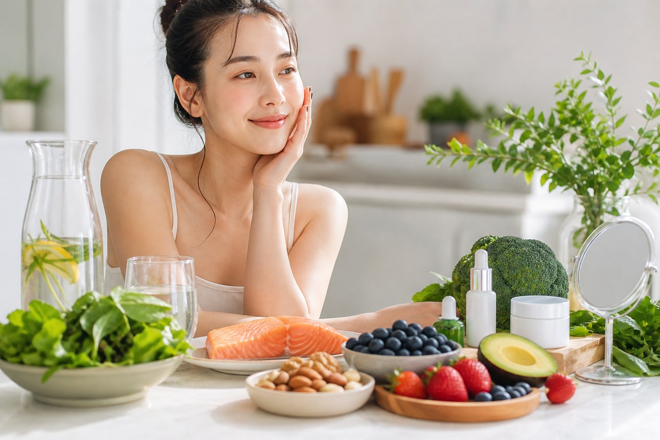 Da cần đủ nước, protein, vitamin, khoáng chất và chất chống oxy hóa để duy trì quá trình phục hồi tự nhiên. (Ảnh minh họa được tạo bởi AI)