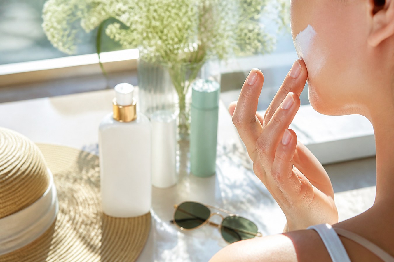 Tia UV có thể làm da sạm màu, giảm đàn hồi và xuất hiện nếp nhăn sớm nếu không bảo vệ da đúng cách. (Ảnh minh họa được tạo bởi AI)