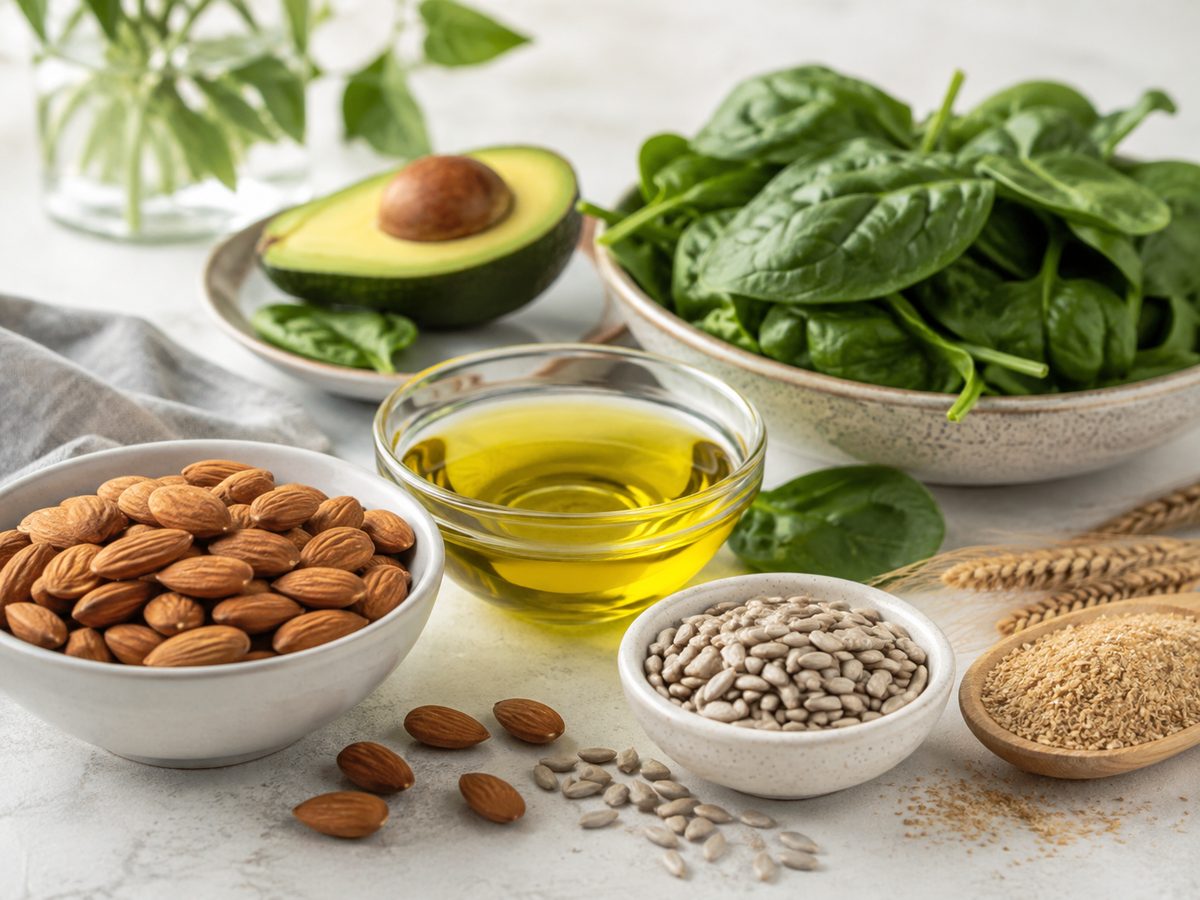 Thực phẩm giàu vitamin E hỗ trợ chống oxy hóa cho làn da (Ảnh minh họa được tạo bởi AI)