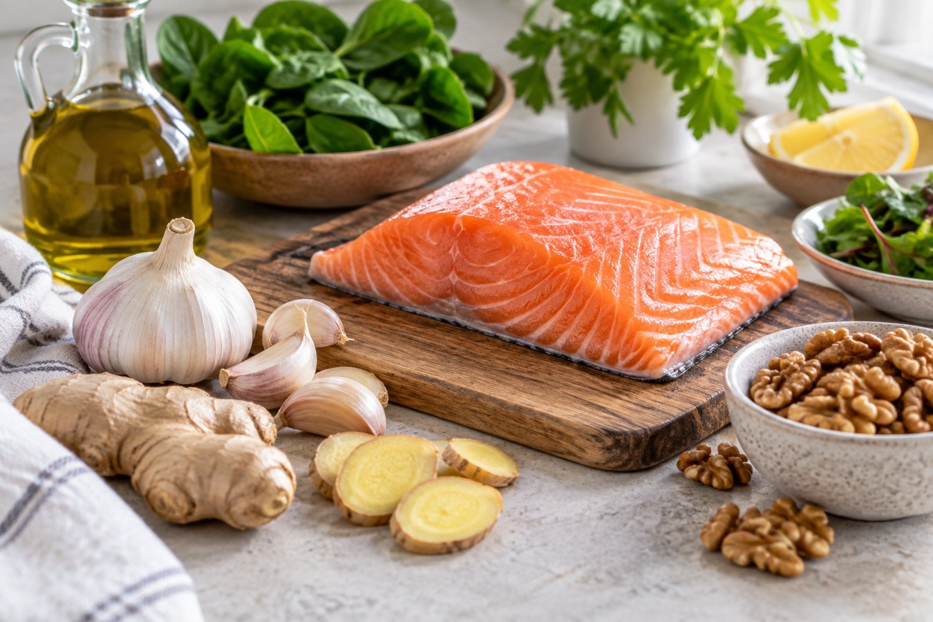Tỏi, gừng và cá béo giàu omega-3 là nhóm thực phẩm có đặc tính chống viêm được khuyến khích cho người bị tràn dịch khớp gối Tỏi, gừng và cá béo giàu omega-3 là nhóm thực phẩm có đặc tính chống viêm được khuyến khích cho người bị tràn dịch khớp gối