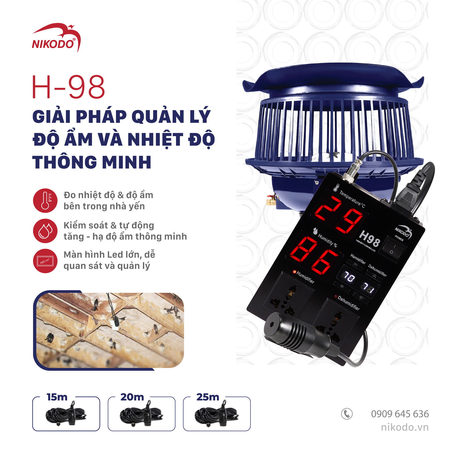 MÁY KIỂM SOÁT ĐỘ ẨM VÀ ĐO NHIỆT ĐỘ H-98 BỘ 20 MÉT