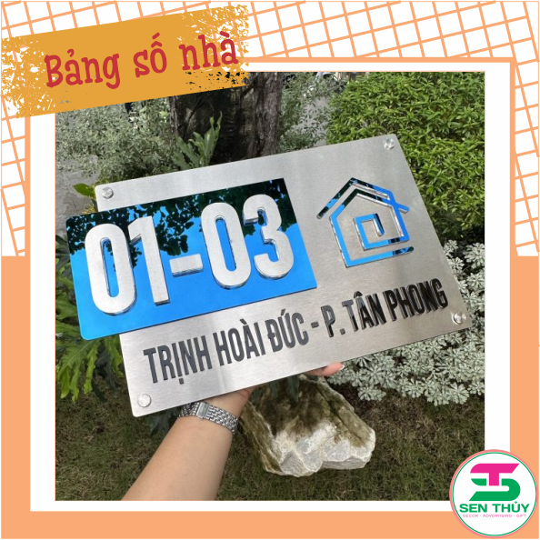 Bảng số nhà - Inox 304 xước trắng + gương xanh, số nổi cao cấp