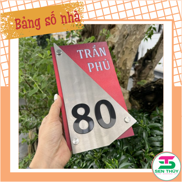Bảng số nhà - Nền Inox 304 Bạc xước + Mica in UV đỏ đô, Số nổi mica Cao cấp.
