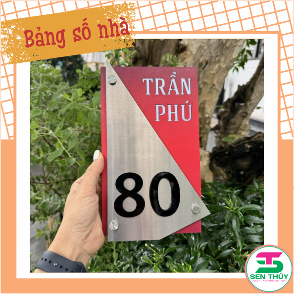 Bảng số nhà - Nền Inox 304 Bạc xước + Mica in UV đỏ đô, Số nổi mica Cao cấp.