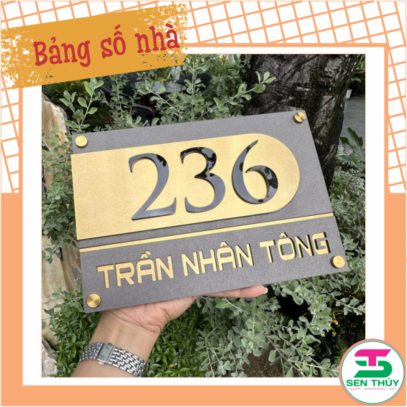 Bảng số nhà - Nền Inox 304 vàng xước + Mica ghi sần - Nội dung mica đen cao cấp