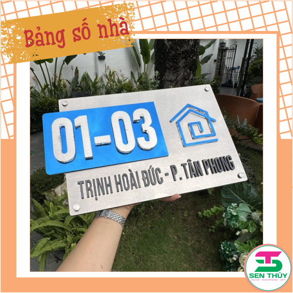 Bảng số nhà - Inox 304 xước trắng + gương xanh, số nổi cao cấp