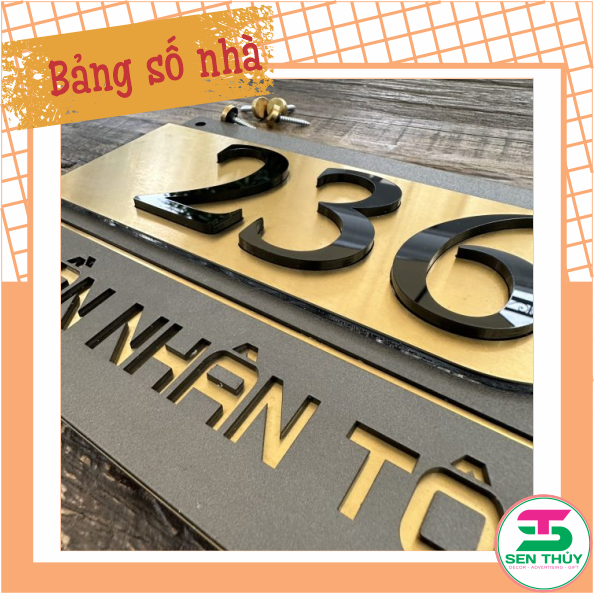 Bảng số nhà - Nền Inox 304 vàng xước + Mica ghi sần - Nội dung mica đen cao cấp
