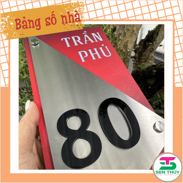Bảng số nhà - Nền Inox 304 Bạc xước + Mica in UV đỏ đô, Số nổi mica Cao cấp.
