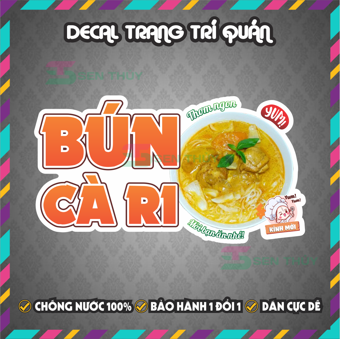 Decal BÚN CÀ RI - Decal Dán Tường Trang Trí Quán Ăn, Trà Sữa, Cà Phê - Chống Thấm Nước, Chống Nắng, Cắt Sẵn