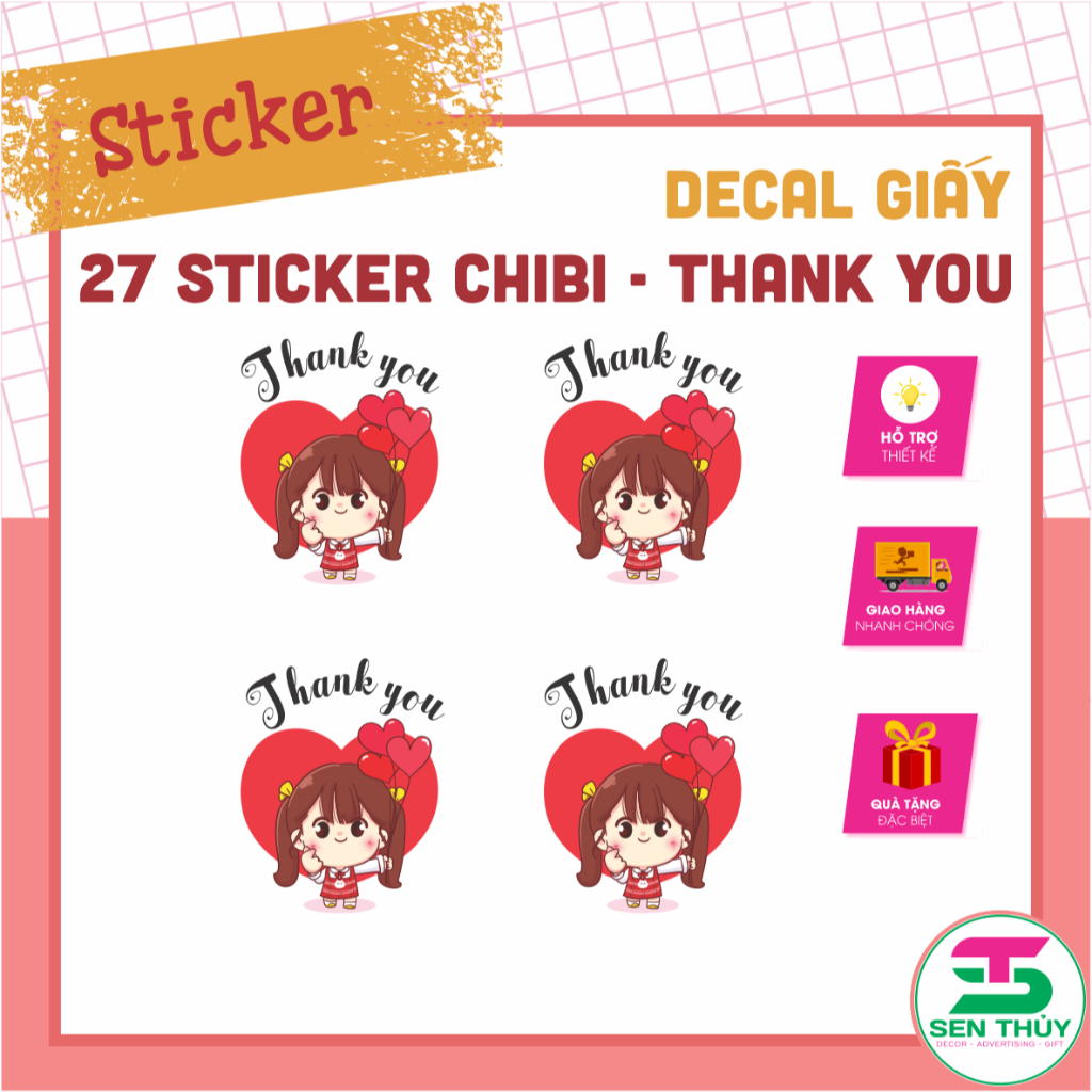 Bộ 27 Sticker Cảm Ơn Chibi Cute – Sticker Thanks Dễ Thương – Tem Dán Trang Trí
