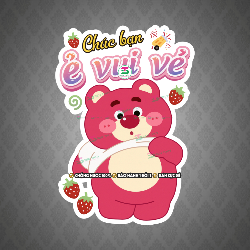Miếng Dán Nắp Bồn Cầu Gấu Dâu Chống Nước - Decal Gấu Dâu Dán Tường, Kính, Toilet Trang Trí Dễ Thương - WC003