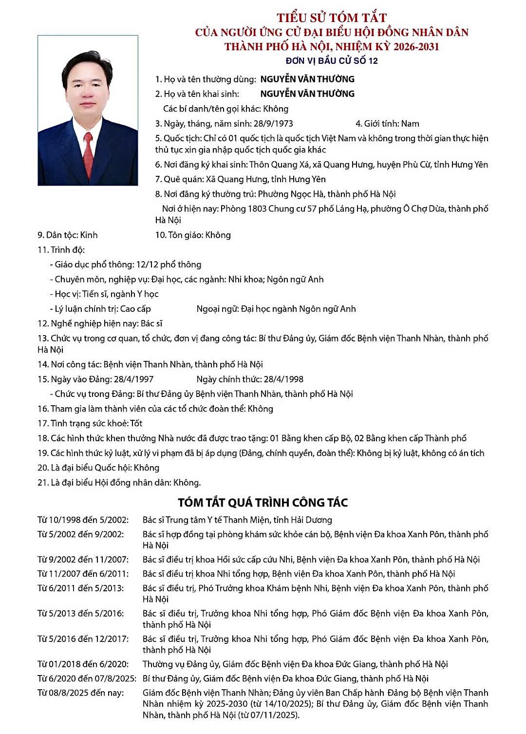 🌿TỰ HÀO CÁN BỘ BỆNH VIỆN THANH NHÀN ỨNG CỬ ĐẠI BIỂU HĐND THÀNH PHỐ HÀ NỘI NHIỆM KỲ 2026 – 2031